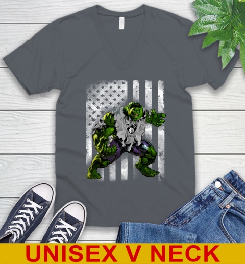 Brooklyn Nets Hulk Marvel Avengers NBA Basketball American Flag V-Neck T-Shirt 4