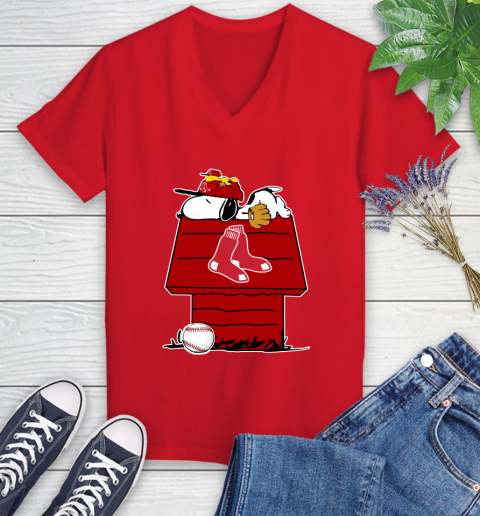 MLB Boston Red Sox Snoopy Woodstock The Peanuts Movie Baseball T Shirt Women's V-Neck T-Shirt 12