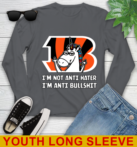 Cincinnati Bengals NFL Football Unicorn I'm Not Anti Hater I'm Anti Bullshit Youth Long Sleeve 9
