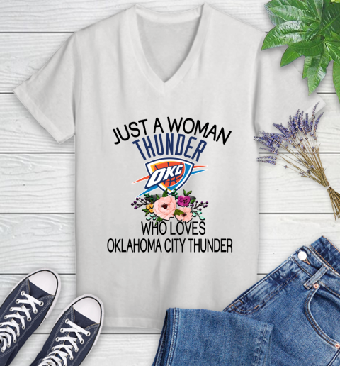 NBA Just A Woman Who Loves Oklahoma City Thunder Basketball Sports Women's V-Neck T-Shirt