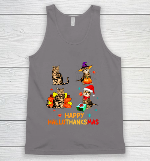 Cat Halloween Thanksgiving Christmas Happy Hallothanksmas Tank Top 6