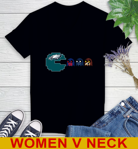 Philadelphia Eagles NFL Football Pac Man Champion Women's V-Neck T-Shirt 2