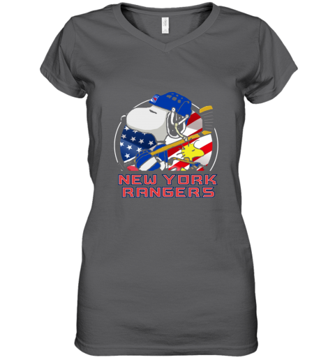 nkex new york rangersnoopy and woodstock nhl women v neck t shirt 39 front charcoal