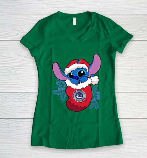 Vancouver Canucks Christmas Stitch In The Sock Funny Disney NHL Women's V-Neck T-Shirt 5