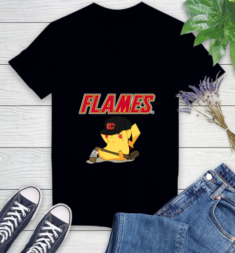 NHL Pikachu Hockey Sports Calgary Flames Women's V-Neck T-Shirt 2