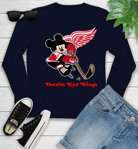 NHL Detroit Red Wings Mickey Mouse Disney Hockey T Shirt Youth Long Sleeve 3