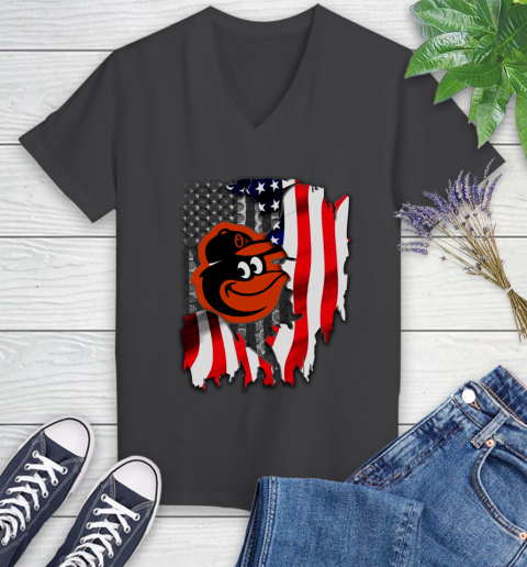 Baltimore Orioles MLB Baseball American Flag Women's V-Neck T-Shirt 8