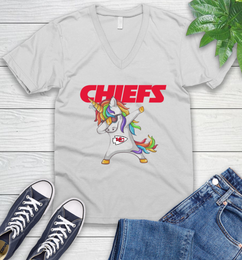 Kansas City Chiefs NFL Football Funny Unicorn Dabbing Sports V-Neck T-Shirt