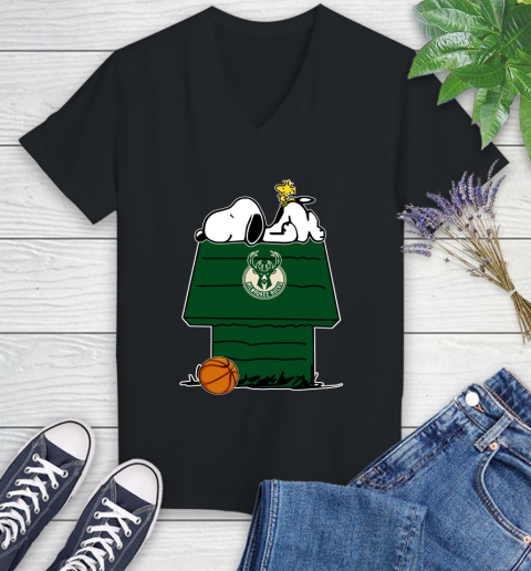 Milwaukee Bucks NBA Basketball Snoopy Woodstock The Peanuts Movie Women's V-Neck T-Shirt 2