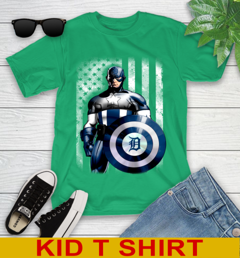 Detroit Tigers MLB Baseball Captain America Marvel Avengers American Flag Shirt Youth T-Shirt 7