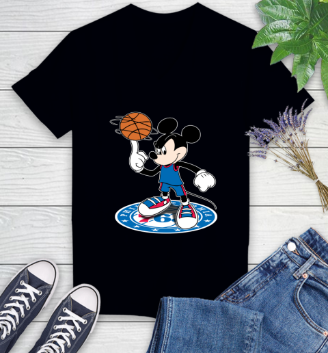 NBA Basketball Philadelphia 76ers Cheerful Mickey Disney Shirt Women's V-Neck T-Shirt