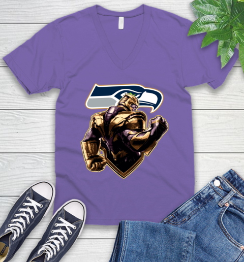 NFL Thanos Avengers Endgame Football Sports Seattle Seahawks V-Neck T-Shirt 9
