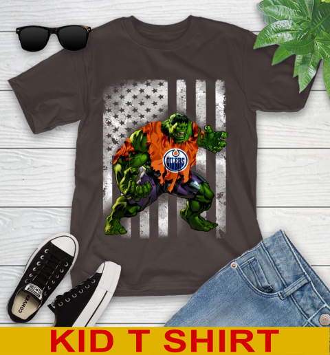 Edmonton Oilers Hulk Marvel Avengers NHL Hockey American Flag Youth T-Shirt 6