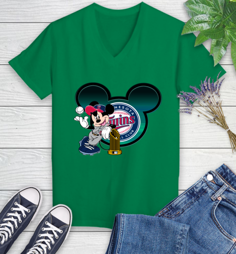 MLB Minnesota Twins The Commissioner's Trophy Mickey Mouse Disney Women's V-Neck T-Shirt 5