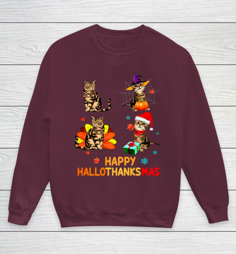 Cat Halloween Thanksgiving Christmas Happy Hallothanksmas Youth Sweatshirt 4