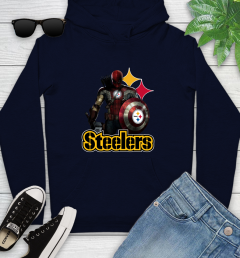 NFL Captain America Thor Spider Man Hawkeye Avengers Endgame Football Pittsburgh Steelers Youth Hoodie 4