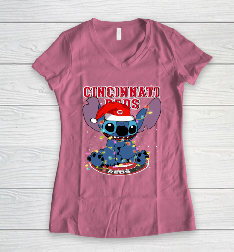 Cincinnati Reds MLB noel stitch Baseball Christmas Women's V-Neck T-Shirt 7