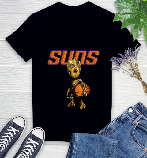 Phoenix Suns NBA Basketball Groot Marvel Guardians Of The Galaxy Women's V-Neck T-Shirt 2