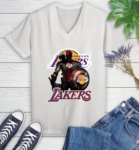 Los Angeles Lakers NBA Basketball Captain America Thor Spider Man Hawkeye Avengers Women's V-Neck T-Shirt