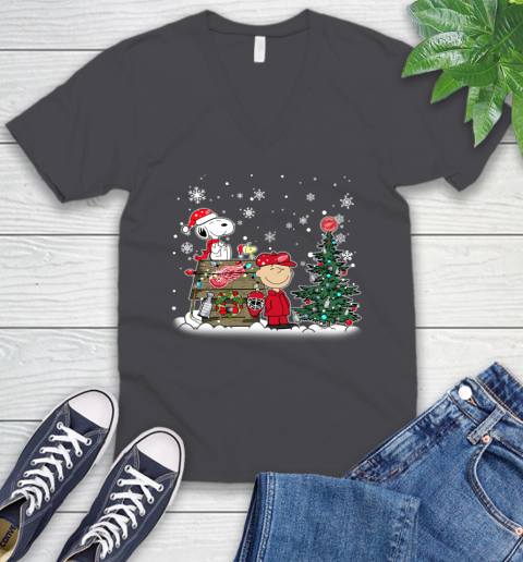NHL Detroit Red Wings Snoopy Charlie Brown Woodstock Christmas Stanley Cup Hockey V-Neck T-Shirt 4