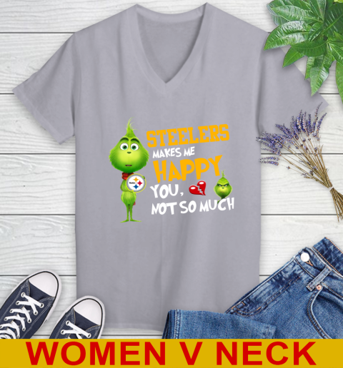 NFL Pittsburgh Steelers Makes Me Happy You Not So Much Grinch Football Sports Women's V-Neck T-Shirt 4