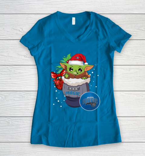 Orlando Magic Christmas Baby Yoda Star Wars Funny Happy NBA Women's V-Neck T-Shirt 7