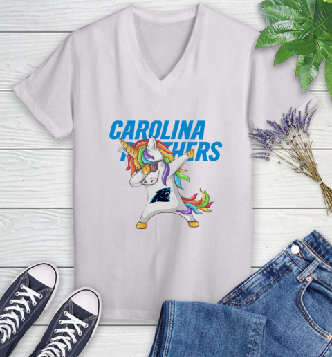 Carolina Panthers NFL Football Funny Unicorn Dabbing Sports Women's V-Neck T-Shirt