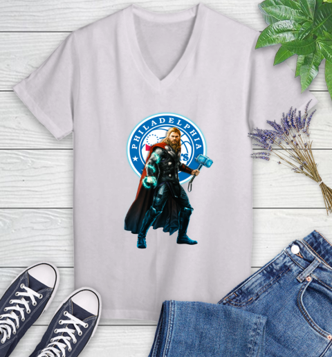 NBA Thor Avengers Endgame Basketball Philadelphia 76ers Women's V-Neck T-Shirt