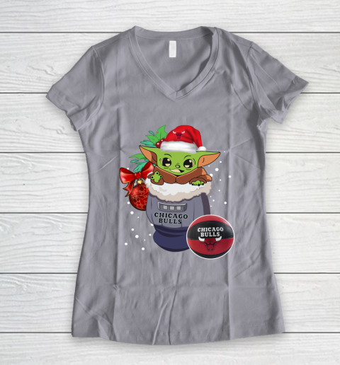 Chicago Bulls Christmas Baby Yoda Star Wars Funny Happy NBA Women's V-Neck T-Shirt 4