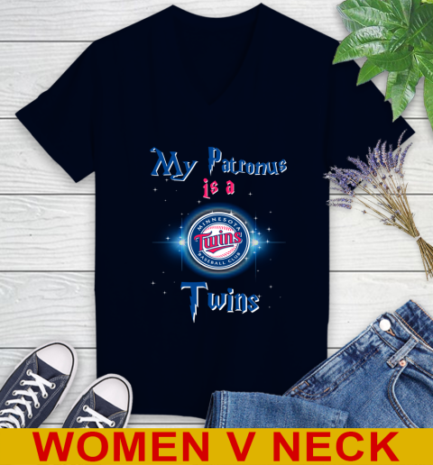 MLB Baseball Harry Potter My Patronus Is A Minnesota Twins Women's V-Neck T-Shirt 2