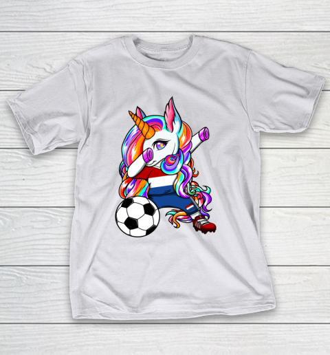 Dabbing Unicorn Netherlands Soccer Fans Jersey Flag Football T-Shirt 24