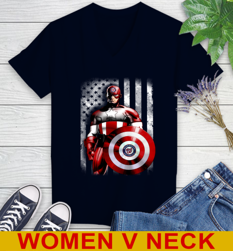 Washington Nationals MLB Baseball Captain America Marvel Avengers American Flag Shirt Women's V-Neck T-Shirt 2