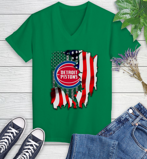Detroit Pistons NBA Basketball American Flag Women's V-Neck T-Shirt 5