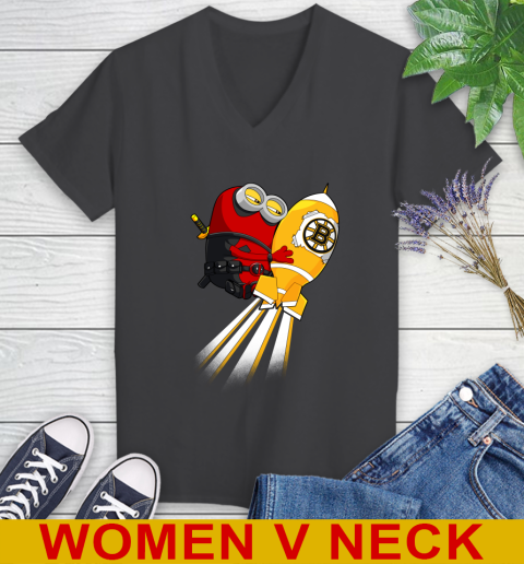 NHL Hockey Boston Bruins Deadpool Minion Marvel Shirt Women's V-Neck T-Shirt 8