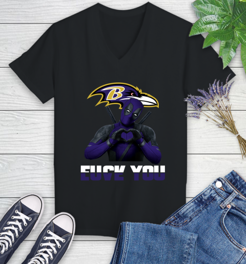 NHL Baltimore Ravens Deadpool Love You Fuck You Football Sports Women's V-Neck T-Shirt