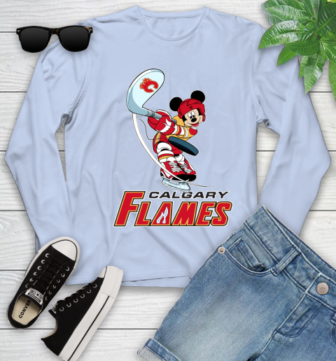 NHL Hockey Calgary Flames Cheerful Mickey Mouse Shirt Youth Long Sleeve 9