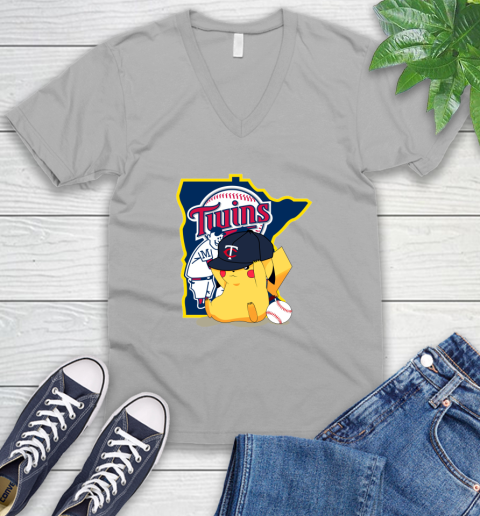 MLB Pikachu Baseball Sports Minnesota Twins V-Neck T-Shirt 4