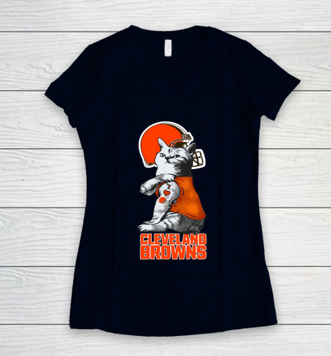 NFL Football My Cat Loves Cleveland Browns Women's V-Neck T-Shirt 2