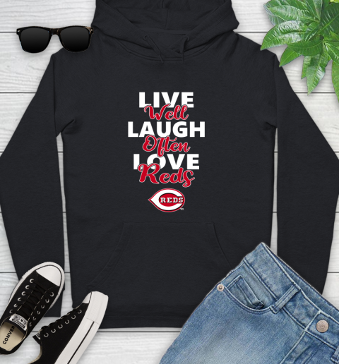 MLB Baseball Cincinnati Reds Live Well Laugh Often Love Shirt Youth Hoodie