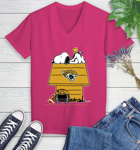 Jacksonville Jaguars NFL Football Snoopy Woodstock The Peanuts Movie Women's V-Neck T-Shirt 9