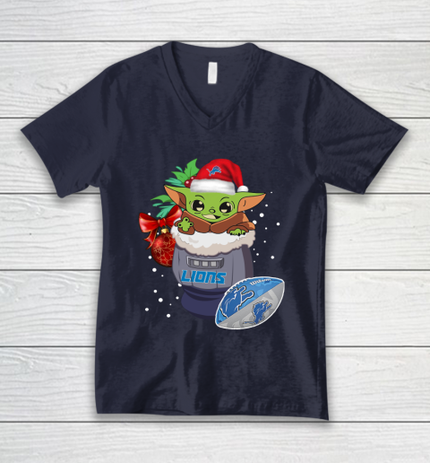 Detroit Lions Christmas Baby Yoda Star Wars Funny Happy NFL V-Neck T-Shirt 3
