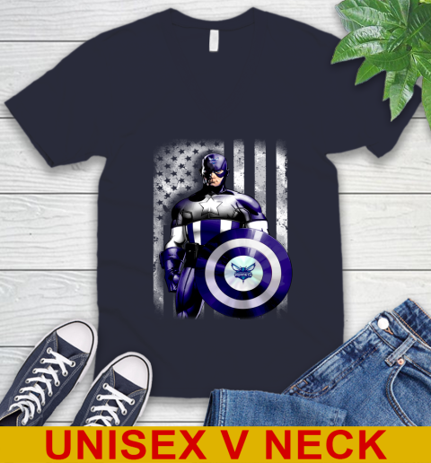 Charlotte Hornets NBA Basketball Captain America Marvel Avengers American Flag Shirt V-Neck T-Shirt 2