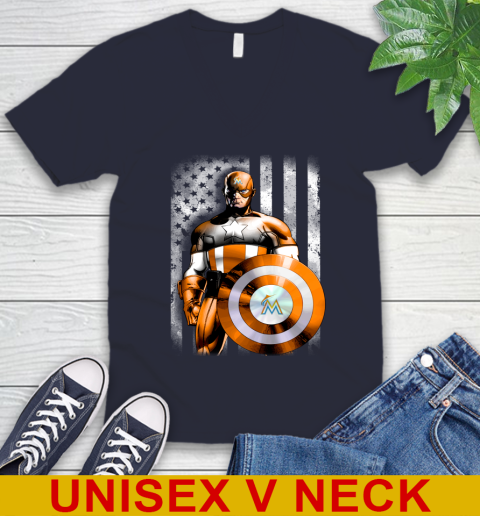 Miami Marlins MLB Baseball Captain America Marvel Avengers American Flag Shirt V-Neck T-Shirt 2