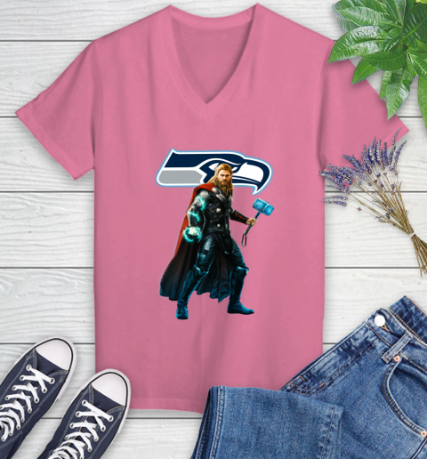NFL Thor Avengers Endgame Football Seattle Seahawks Women's V-Neck T-Shirt 13