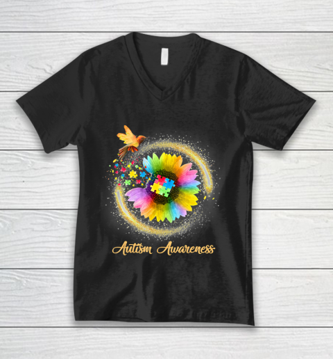 Autism Awareness Month Tshirt Hummingbird Sunflower Flower V-Neck T-Shirt