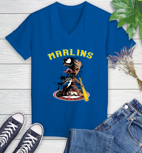MLB Miami Marlins Baseball Venom Groot Guardians Of The Galaxy Women's V-Neck T-Shirt 10