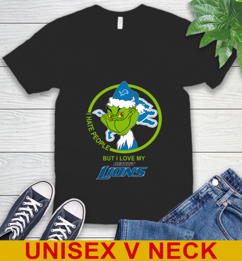 Detroit Lions NFL Christmas Grinch I Hate People But I Love My Favorite Football Team V-Neck T-Shirt 2