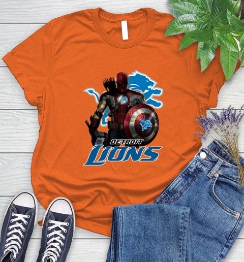 NFL Captain America Thor Spider Man Hawkeye Avengers Endgame Football Detroit Lions Women's T-Shirt 4