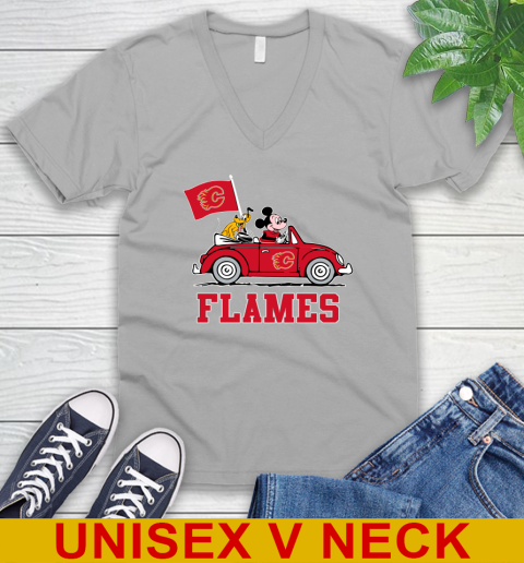 NHL Hockey Calgary Flames Pluto Mickey Driving Disney Shirt V-Neck T-Shirt 4