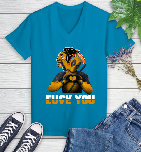 NHL Chicago Blackhawks Deadpool Love You Fuck You Hockey Sports Women's V-Neck T-Shirt 7